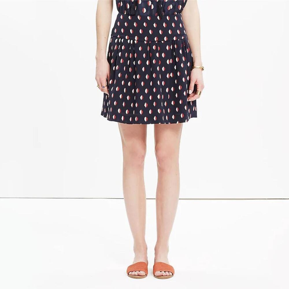 Madewell Skyline Navy Red White Ikat Print Short Silk Feminine Skater Skirt